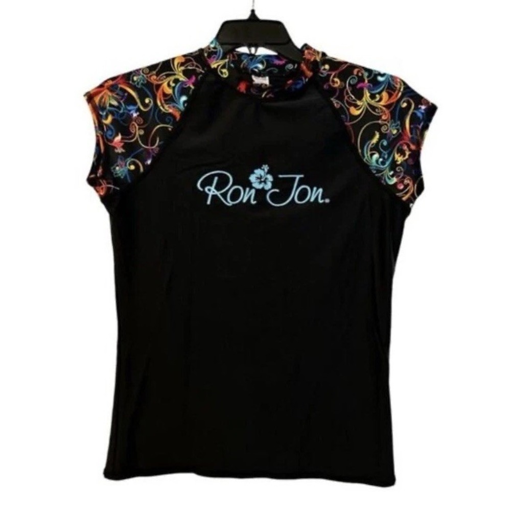 Ron Jon Surf Shop Girls Rash Guard Swim Shirt Black Swirl Size 8